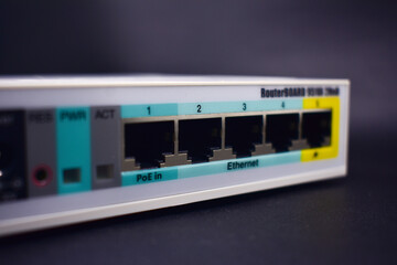 Close-up view of a Port Router board 951Ui 2HnD on black background, Selective focus.