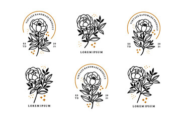 Set of hand drawn minimalistic rose flower, peony, and leaf vector logo elements, icon, and illustration for feminine brand or beauty product - obrazy, fototapety, plakaty