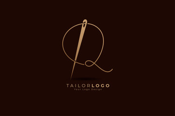 Abstract Initial Q Tailor logo, thread and needle combination with gold colour line style , Flat Logo Design Template, vector illustration
