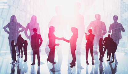 Abstract image of many business people together in group on background of city view with office building showing partnership success of business deal. Concept of employee teamwork, trust and agreement