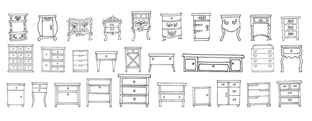  Large Set of elegant antique and modern furniture. Sketch style.  Isolated on a white background. Vector collection of retro-vintage and modern dressers and bedside tables for home, bedroom.