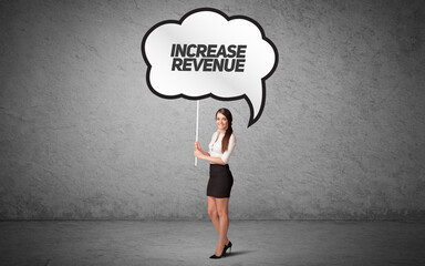 Young business person in casual holding road sign with INCREASE REVENUE inscription, new business idea concept