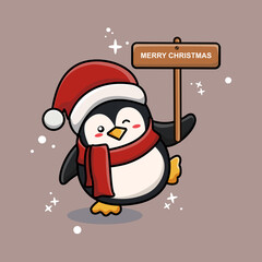 cute penguin mascot vector holding christmas banner. christmas vector. penguin mascot vector its suitable for your project design, sticker, poster, postcard, banner, leanding page and etc