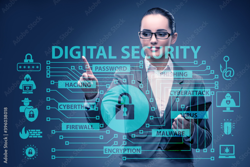 Poster digital security concept with businessman pressing button