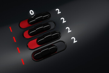 3d illustration of on and off toggle switch buttons with 1 and 2 lettering,  start 2021 sign or...