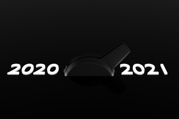 3d illustration of on and off toggle switch buttons with 2020 and 2021 lettering,  start 2021 sign...