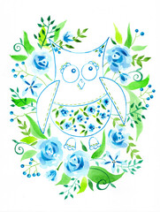 Cute owl in a beautiful watercolor wreath of blue roses is drawn using watercolors in a decorative style