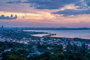 Beautiful sunset landscape view of fisherman village  light trail and bridge at Bang Sai district  Chonburi  Thailand