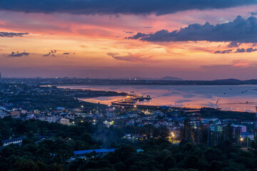 Beautiful sunset landscape view of fisherman village  light trail and bridge at Bang Sai district  Chonburi  Thailand