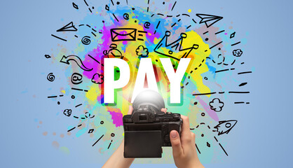 Close-up of a hand holding digital camera with abstract drawing and PAY inscription