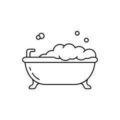 Bubble bath. Linear icon of bathtub on legs with lather. Black simple illustration of bathroom, hygiene, cleanliness of body. Contour isolated vector pictogram on white background