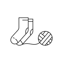 Pair of knitted socks with ball of thread. Linear icon of knitwork. Black simple illustration of handmade, knitting. Contour isolated vector pictogram, white background