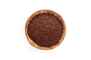 Flat lay, top view dried garden cress seeds in a bamboo basket isolated on white background.