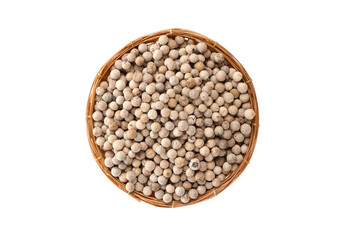 Flat lay, top view dried white pepper in a bamboo basket isolated on white background.