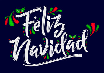 Feliz Navidad, Merry Christmas spanish text holiday design.