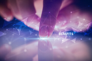 Finger touching tablet with BENEFITS inscription, business concept