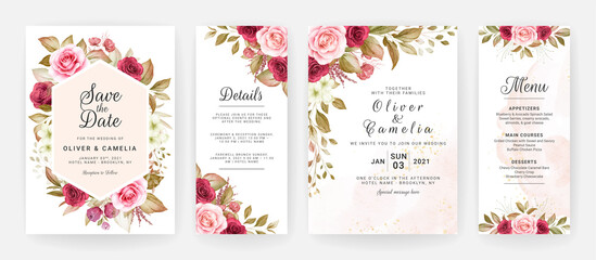 Floral wedding invitation template set with burgundy and peach roses flowers and leaves decoration. Botanic card design concept - obrazy, fototapety, plakaty