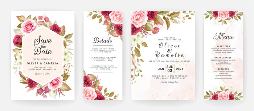 Floral wedding invitation template set with burgundy and peach roses flowers and leaves decoration. Botanic card design concept