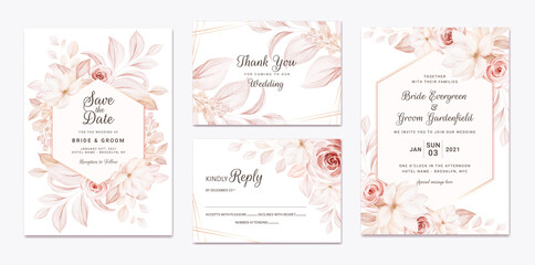 Floral wedding invitation template set with brown roses flowers and leaves decoration. Botanic card design concept