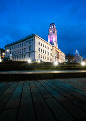 Barnsley town hall at Christmas time with decorations - blue hour 