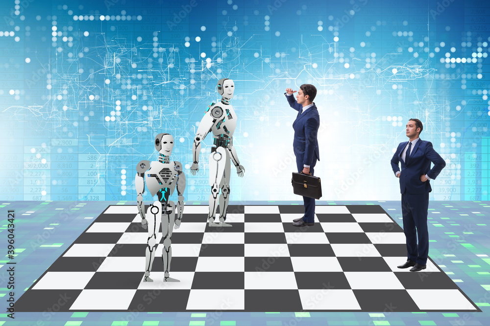 Poster concept of rivalry between robots and humans