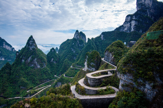 The winding road of Tianmen mountain national park (Zhangjiajie) in clouds mist, Hunan province, China