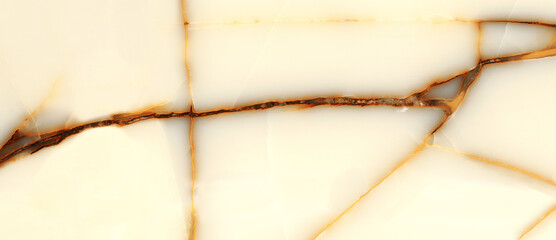 Luxurious ivory onyx marble texture with brown veins, polished marble quartz stone background...