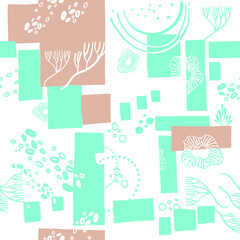 Seamless pattern with different exotic fantastic elements, lines, textures. Vector. Gentle floral background. 