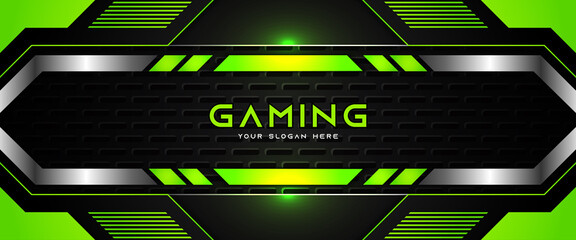 Futuristic green and black abstract gaming banner design with metal technology concept. Vector illustration for business corporate promotion, game header social media, live streaming background