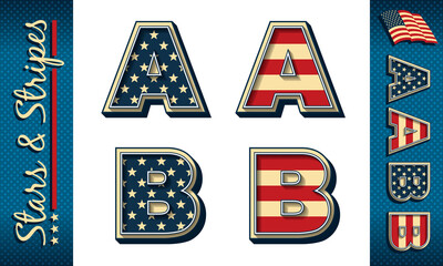 Letters A and B. Stylized vector initials with USA flag elements and colors, isolated on white with example on dark background.