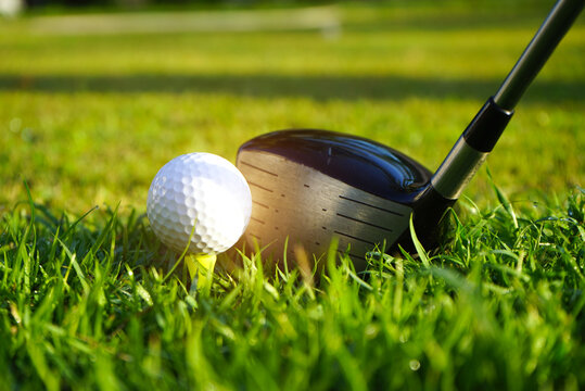 Golf club and golf ball close up in grass field with sunset. Golf ball close up in golf coures at Thailand