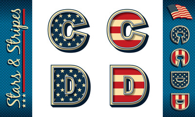 Letters C and D. Stylized vector initials with USA flag elements and colors, isolated on white with example on dark background.