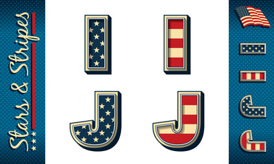 Letters I and J. Stylized vector initials with USA flag elements and colors, isolated on white with example on dark background.