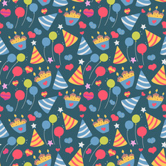 Seamless cute balloon and cake background pattern in vector