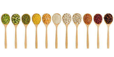 Collection of dry organic cereal and grai seeds in wooden spoon on white background