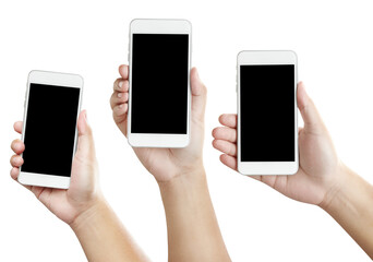 collection of Isolated male hands holding the phone similar like iphone in white background

