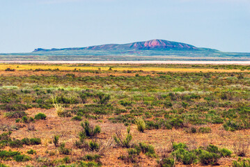 Unusual landscape. Mountain Big Bogdo in the Astrakhan region, Russia. Sacred place for practicing...