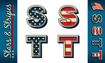 Letters S and T. Stylized vector initials with USA flag elements and colors, isolated on white with example on dark background.