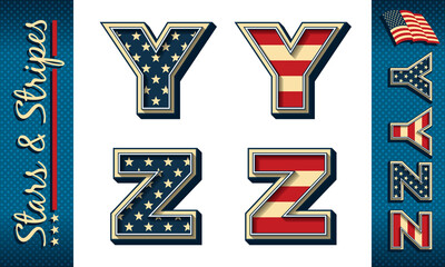 Letters Y and Z. Stylized vector initials with USA flag elements and colors, isolated on white with example on dark background.