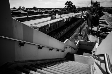 Black and white photo of a train station