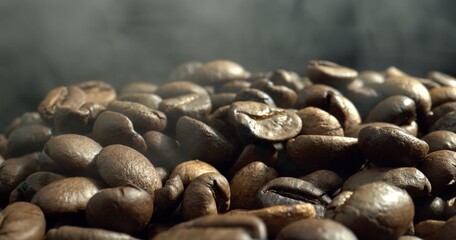 Fresh roasted fragrant Coffee Beans With Dark Background. Close-up dolly shot. Concept premium coffee bean for process best coffee. 