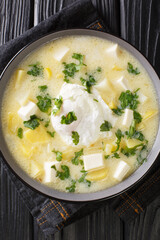 Pisca andina is a traditional Venezuelan breakfast of chicken broth with potatoes, eggs, cheese close-up in a bowl on the table. vertical top view from above