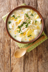 Venezuelan Chupe Andino soup with chicken, cheese, vegetables and cream close-up in a bowl on the table. vertical top view from above