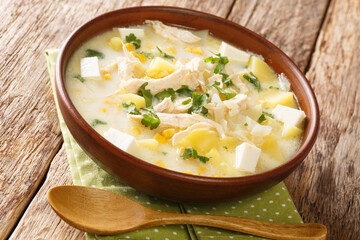 Homemade Latino American soup with chicken, corn, cheese, vegetables and cream close-up in a bowl...