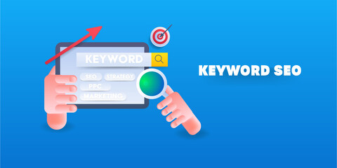 Keyword search and seo keyword analysis, keyword data research for search engine optimization. 3d style web banner illustration.