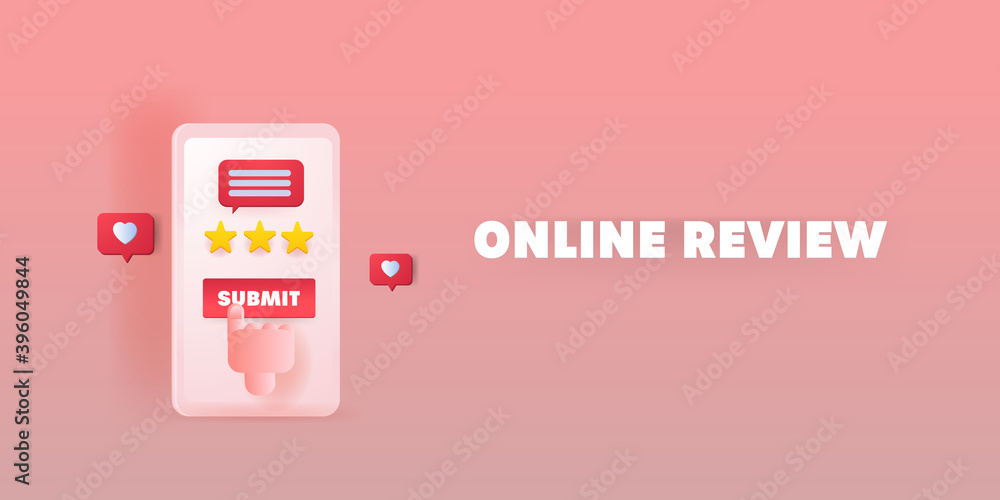 Poster smartphone or mobile device with online user review and rating concept. survey suggestion and experi