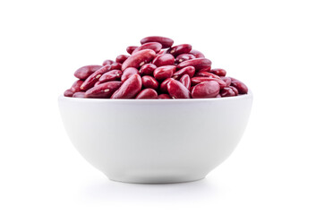 close up of a bowl of red beans on white blackground.