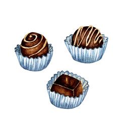 A set of colorful chocolates from boxes for special holidays, Valentine's Day, lunch or coffee break. Watercolor illustration of striped sweets in dark white chocolate. Isolated on white background. 