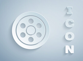 Paper cut Alloy wheel for a car icon isolated on grey background. Paper art style. Vector Illustration.