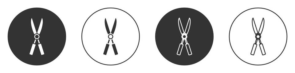 Black Gardening handmade scissors for trimming icon isolated on white background. Pruning shears with wooden handles. Circle button. Vector Illustration.